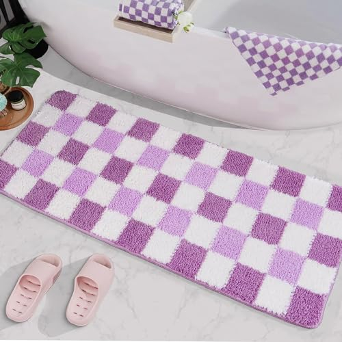 Softania Große Badematte, lila, kariert, super saugfähig, Lavendel, Badezimmermatte, rutschfest, maschinenwaschbar – dekorativer langer Läufer für Küche, Wäsche (45,7 x 119,4 cm, Lila)