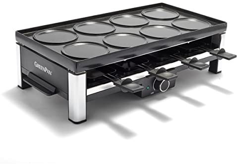 GreenPan Bistro Raclette Grill de Cerámica Antiadherente Sin PFAS, Eléctrico de Mesa para 8 Personas, Reversible 3 en 1 Parilla,Plancha y Crepes, 8 Mini-Sartenes Antiadherentes y Espátula,Lavavajillas