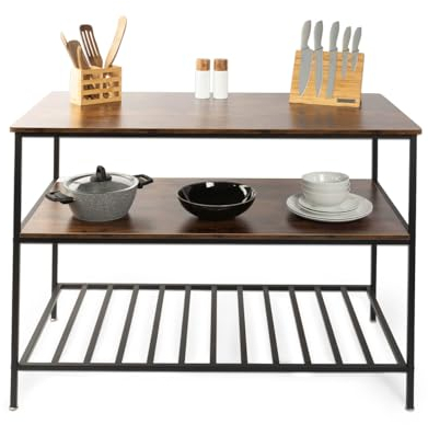 KARAT Küchenregal große Holz Arbeitsplatte mit Stahlrahmen und 3 Ebenen - Standregal Organizer für Küche, Wohnzimmer, Kücheninsel für Gewürze und Geschirr 60 x 120 x 90 cm braun (Dallas)