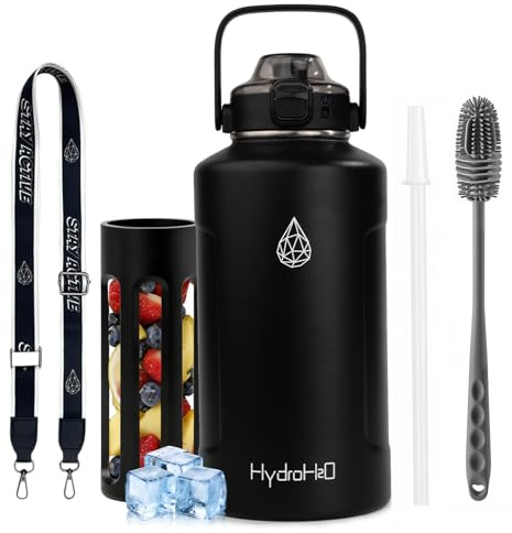HYDRO H2O Edelstahl-Wasserflasche, isoliert, mit AutoLock-Auslaufdeckel, Pop-Up-Strohhalm und Tragegurt, Metall-Wasserkrug mit breiter Öffnung, auslaufsicher, 1,8 l, schwarz, Gurt