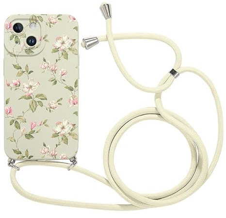 Foonary Coque pour Apple iPhone 13 6,1 avec Cordon, Cute Aesthetic Motif Réglable Collier Housse, Souple Silicone Antichoc Anti-Rayures étui avec Corde Lanyard Bumper Protection Case, Fleur 04