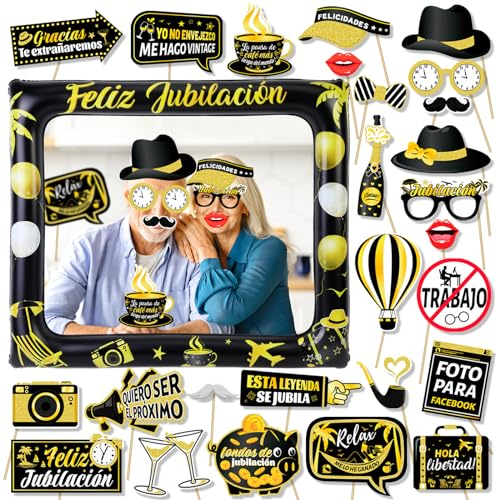 HOWAF Photocall Feliz Jubilación Español 28Pcs Accesorios Photocall Jubilación Foto Props Fotomaton + Marco de Fotos Hinchable para Decoración de Fiesta Jubilacion Oro Negro Regalos Jubilacion
