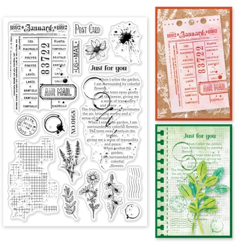 GLOBLELAND Vintage Pflanzen Flecken Hintergrund Klare Stempel Text Wörter Klare Gummistempel Silikonstempel Für DIY Scrapbooking Fotoalbum Dekorative Karten Machen Zuhause 6.3x4.33 Zoll