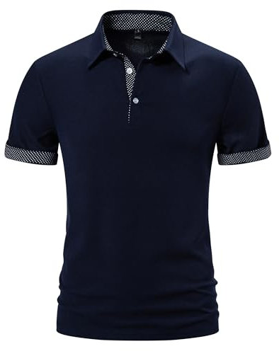 Mens Short Sleeve Polo Shirts Casual Classic Summer Button Slim Fit Contrasting Colors Breathable Basic with Pocket Golf Tennis Work T-Shirt Tops-029-Dark Blue-XXL