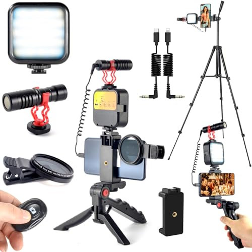 YouTube-Starter-Set, Vlogging-Kit für iPhone 15, Android-Handy, Content Creator Kit für Blogger, Vlogging-Kamera-Set mit Mikrofon, LED-Licht, CPL-Objektiv, Fernbedienung