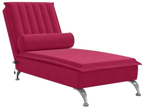 vidaXL Massage Chaiselongue mit Nackenrolle, Liegesessel mit Sperrholzlatten Metallbeine, Relaxliege für Wohnzimmer, Liegestuhl, Weinrot Samt