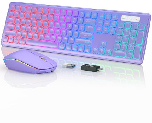 Wireless Keyboard and Mouse Combo, RGB Backlit, Rechargeable & Light Up Letters, Full-Size, Ergonomic Tilt Angle, Sleep Mode, 2.4GHz Quiet Keyboard Mouse for Mac, Windows, Laptop, PC, Trueque(Purple)