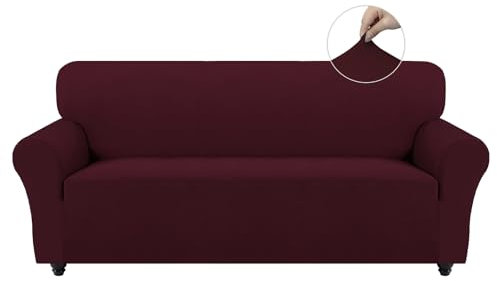 Easy-Going Stretch Sofa Überzug 3 Sitzer, Rutschfester Sofabezug für Hund Katze, Waschbarer Fleece Couch Überzug Bezug, Weicher Küchensofa Couch Cover, 1 Stück Sofaschoner mit Armlehnen, Wein