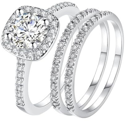 JewelryWe Ring Damen Edelstahl Verlobungsring: 3er Set Damen-Ring Glänzende Quadratische Zirkonia Charm Eheringe Trauringe Stapelbare Versprechen Hochzeit Band Stapelringe für Frauen Silber Größe 52