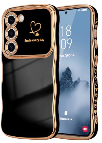 LCHULLE Kompatibel mit Samsung Galaxy S22 Plus 5G Hülle Liebesherz Handyhülle Wellen Lockige Form Mädchen Kameraschutz Luxus Galvanik Schutzhülle Girls Silikon Case für Samsung S22 Plus 5G Schwarz