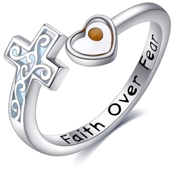URONE Kreuzringe Sterlingsilber-Kreuz Senfkorn-Opalring Verstellbarer christlicher Glaubensring Religiöser Schmuck für Frauen