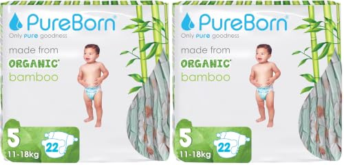 PureBorn Couches Écologiques en Bambou, Taille 5 (11-18 kg), 22 pièces, Hypoallergénique, Ultra Douces, Imprimé Assorti, Indicateur d'humidité (Lot de 2)