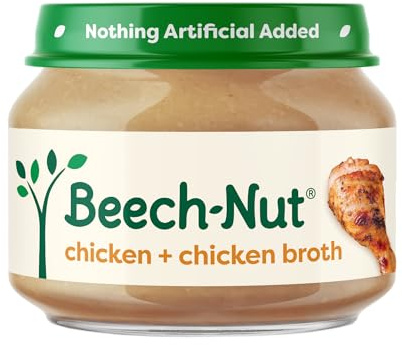 Beech-Nut Meat Baby Food Jars, Chicken & Chicken Broth Puree, 7g Protein, Stage 1 Baby Food for Babies 4 Months and Up, 2.5oz Glass Jars, 10ct