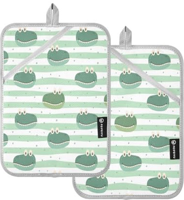 Kcldeci Topflappen, hitzebeständige und rutschfeste Topflappen, niedliches Krokodil-Cartoon-Wildofen, heiße Pads mit Taschen, Handschuhe für Küche, Kochen, Backen, Grillen, 2 Stück