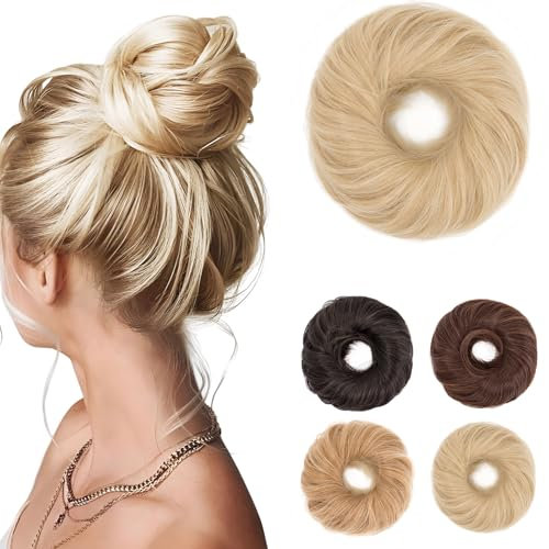 Benehair Messy Bun Scrunchies Curly Hair Hairpiece Synthetic Ponytail Bun Extensions Gold Blonde Mix Bleach Blonde Hair Pieces for Women (55g)