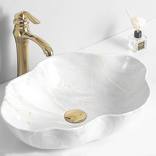 Generisch Modernes Aufsatzwaschbecken, weißes Waschbecken mit Marmorstruktur, ovales Aufsatzwaschbecken mit goldenem Wasserhahn und Abfluss, geeignet für Hotels, Toiletten (Stil 7)