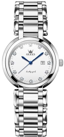 OLEVS Armbanduhr Damen Elegante Silber Edelstahl Luxus Diamant Armbanduhr Weiß Runde Kleine Gesicht Schlichtem Analoge Quarz Damenuhr wasserdichte Datumsanzeige Stilvolle Damenarmbanduhr