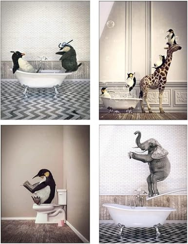 4 Stück Badezimmer Bilder Giraffe in der Badewanne Poster Wand Kunst,Lustige-Tierbild Elefant Zebra Pinguine Badewanne Wohnkultur,Ohne Rahmen (Poster-1, 30X40cm*4PCS, Ungerahmt)