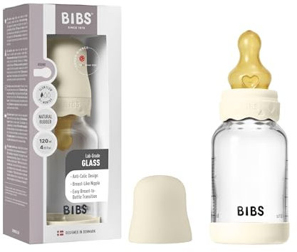 BIBS Boheme Baby Glass Bottle 120ml, Vermindert Koliken, Runder Sauger aus Naturkautschuklatex, Unterstützt das Stillen. Hergestellt in Dänemark - Ivory