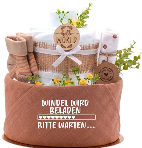 Trend Mama® | Windeltorte Boho Style | Spruch wählbar | 27 Windeln (Gr.2), Musselintuch, Socken & Waschhandschuh |Geschenk Geburt (Design| Windel Loading)