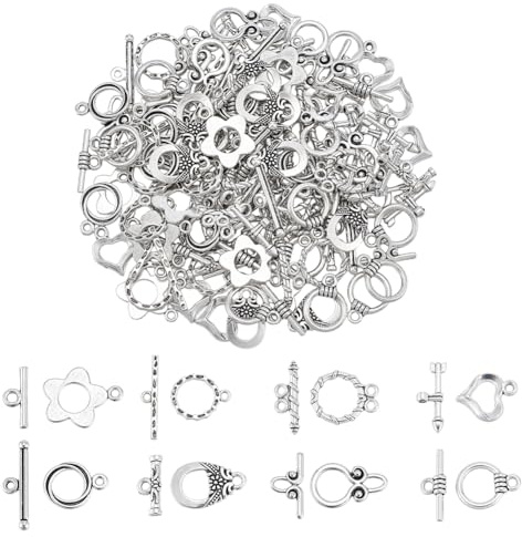 AHANDMAKER 8 Stil Knebelverschluss 80 Stück Tibetischer Stil Knebelverbinder Schmuckverschluss Metall T Stab Verschluss Für Halsketten Armbänder Schmuckherstellung DIY Handwerk Antik Silber Farbe