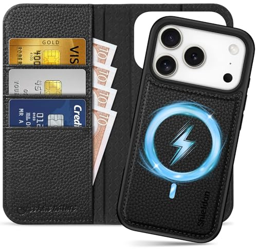 SHIELDON 2 IN 1 Case für iPhone 17 Pro 6,3 5G 2025, Litschi Schwarz | Echtleder, Abnehmbar, Kabelloses Laden, 3 Kartenfächer, RFID Blocker, Handy-Ösen, Ledertasche, Handyhülle