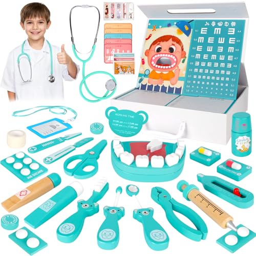 YGVQN Holz Arztkoffer Kinder Spielset, 27-teilig mit echtem Stethoskop, Zahnarzt Zubehör & Medizinischem Spielzeug, Doktorkoffer für Rollenspiele (Chirurgen, Tierarzt) Lernspielzeug ab 3 Jahren