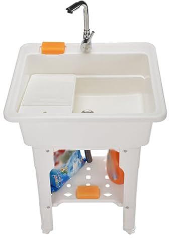 Fregadero utilitario con tabla de lavado, fregadero de plástico con grifo de agua caliente y fría, kit de drenaje ideal para garaje, sótano, jardín (blanco, 65 x 56 x 80 cm)