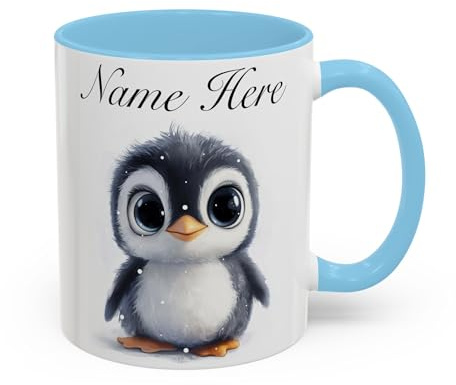 Personalised Penguin Mug, Custom Name Gift for Girlfriend, Cute Penguin Design Coffee Cup for Her, Unique Animal Lover Gift Idea for Women, Birthday or Christmas (Baby Blue 11oz, Mug)