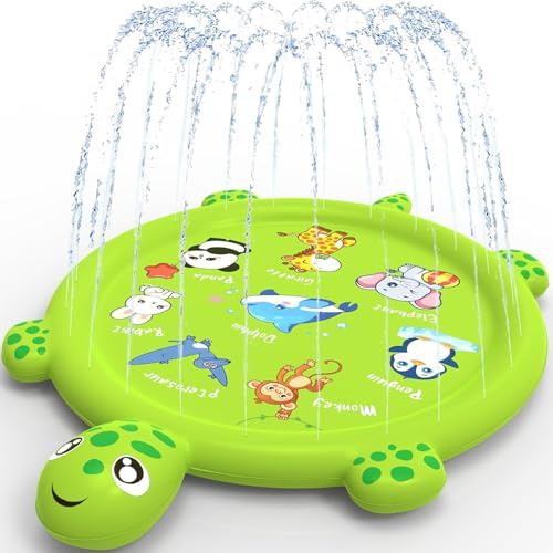 KAHEIGN 170CM Splash Pad para Verano, Tortuga Delfín Jirafa Sirena Dinosaurio Alfombra con Aspersor Verano Jardín Exterior Juguetes Acuáticos Chorro de Agua para Niños Mascotas Familia Actividades