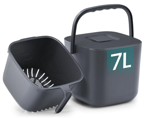SONGMICS 7L Komposthink för Kök, med Lock och Inre Korg, Luktavvisande | Matavfallskärl i Plast, för Bänkskiva, 23,9 x 22 x 19,5 cm, Mörkgrå, LEOS Kollektion LTB217GZ01