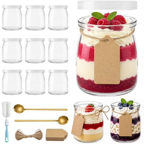LILIXI 12 Piezas Tarros de Yogur con Tapa, 200 ml Vasos Yogurtera de Cristal Transparentes, Envases de Vidrio Reutilizables para Pudín, Postres, Mermelada, Miel, Avena (Transparente)