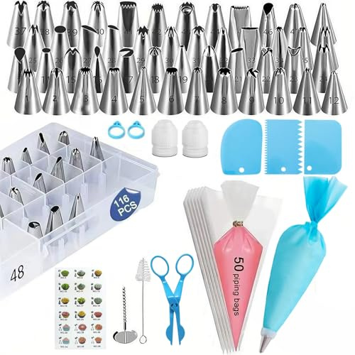 LAILAILE 116 PCS Piping Bags and Nozzles Set – Cake Decorating Kit Supplies | 55 stainless nozzles + 50 disposable bags, with scrapers, storage box. Reusable bag & converters. Perfect for baking