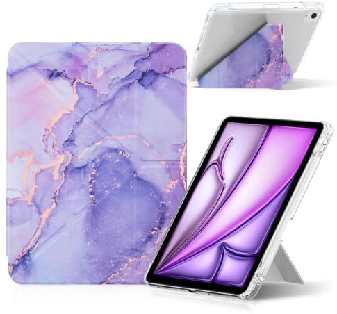 Hinnwer Coque pour iPad Air 11 Pouces M4/M3/M2 (2026/2025/2024), iPad Air 5ème/4ème 10.9 Pouces (2022/2020) avec Porte Pencil, Marbre, Arrière Transparent, Housse Étui Fine à Trois Volets (Violet)