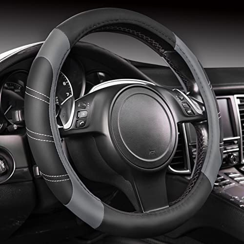 CAR PASS Line Rider Microfiber Leather Sporty Steering Wheel Cover Universal Fits for 95% Truck,SUV,Cars, Anti-Slip Safety Comfortable Desgin (Black and Grey)