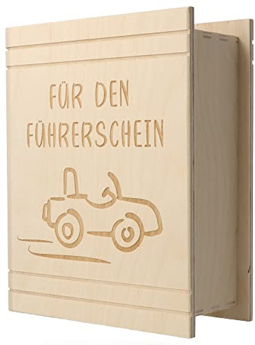 Spruchreif · Spardose Buch aus Holz mit Gravur · Mein neues Auto mit Motiv · Geldgeschenk Sparbüchse · neues Auto · Führerschein · Sparschwein