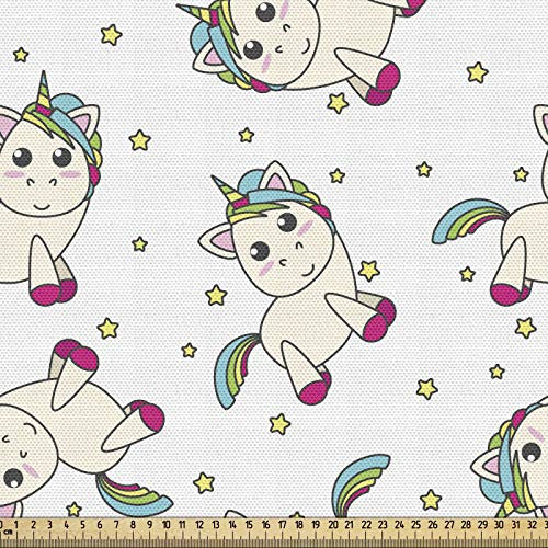 ABAKUHAUS Einhorn Stoff als Meterware, Buntes mythisches Pferd, Qualitäts Stoff Dekorativer Polster Heimtextilienstoff, 2M (148x200cm), Weiß Magenta