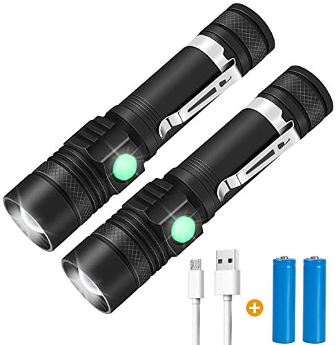 Yizhet Linterna LED Recargable, 2 Piezas Linterna Pequeña Alta Potencia 1000 Lúmenes Linterna Táctica Antorcha Portátil 4 Modos Zoomable IPX4 Impermeable para Camping Ciclismo Montañismo Emergencia