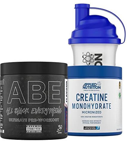 Applied Nutrition Bundle ABE Pre Workout 375g + Creatine 250g + 700ml Protein Shaker | All Black Everything Pre Workout Powder, Energy & Performance with Creatine, Beta Alanine (Energy Flavour)
