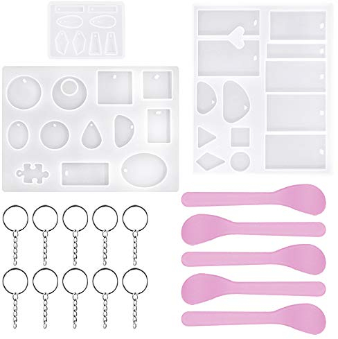 3 Pack Jewelry Casting Molds,Sonku Silicone Resin Pendant Mould with 5 Pcs Mixing Spoons and 10 Pcs Key Rings for Jewelry DIY Craft Making