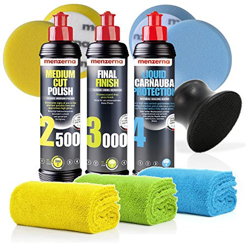 detailmate Menzerna Handpolitur Komplettset: Menzerna: MCP 2500 + FF 3000 + Liquid Carnauba Protection + Hand-Polier-Applikator + Medium Cut Foam Pad + Wax Foam Pad + 3 detailmate Mikrofasertücher