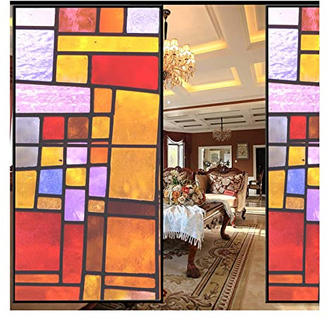 Siunwdiy Fensterfolien,Sichtschutz Fensterfolie mit Geometrie Motiv - Bunt Blickdichte Statisch Haftende Selbsthaftend - Sichtschutzfolie Dekoration Glas und Tür - für Badzimmer Küche,A,30x100cm