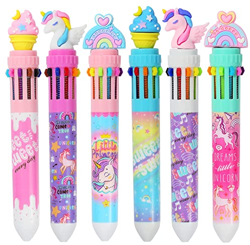 Pinkgarden Mehrfarbiger einziehbarer Kugelschreiber, 10-in-1 farbige Cartoon-Einhorn-Kugelschreiber für Büro, Schulbedarf, Studenten, Kinder, Geschenk, 0,5 mm Nachfüllmine, 6 Stück