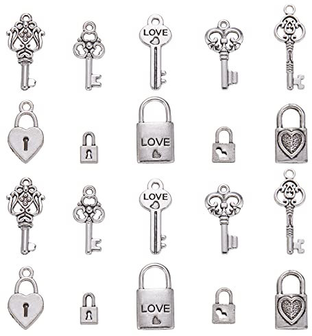 Airssory 100Pcs 10 Styles Vintage Padlock Skeleton Key with Heart Lock Bead Charm for Friendship Valentine DIY Necklace Bracelet Keychain Making