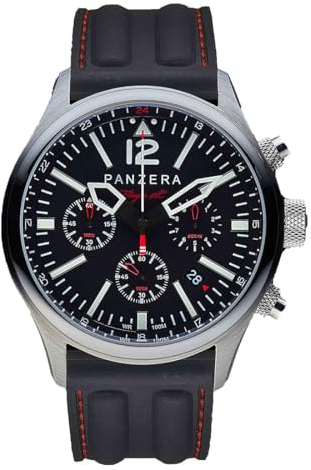 Panzera Flieger 46 Chronograph Quarz Stahl Schwarz Silikon Pilot Rot Datum Herren Uhr