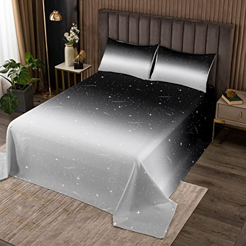 Loussiesd Ombre Bettüberwurf für Mädchen Jungen Kinder Glitzer Schwarz Weiß Grau Ombre Steppdecke Weltraum Meteor Galaxis Tagesdeck 170x210cm Wohndecke Modern Gradient Kunst Zimmerdekoration 2St