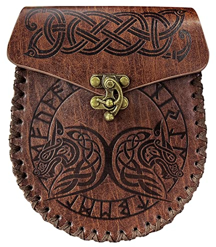 Mittelalterliche Gürteltasche aus Leder, Gürteltasche, Nordisches Braun, Relief, Drache Fenrir Wolf, Wikinger Renaissance, Cosplay-Kostüm-Zubehör, Braun, Gr, Braun, Taille Unique, Fenrir Wolf