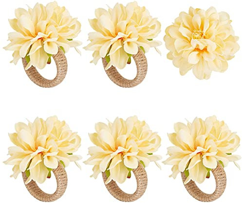 CRASPIRE Flower Napkin Rings Set of 6 Yellow Artificial Napkin Rings Floral Napkin Holder Rings Burlap Cord Napkin Buckle Handmade Napkin Loop Bionic Twine Dinner Wedding Table Decor