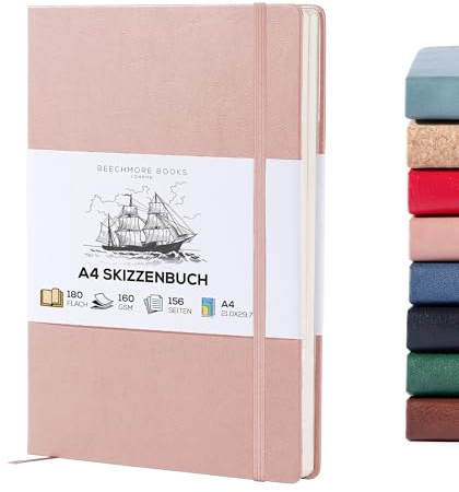 BEECHMORE BOOKS Skizzenbuch A4 (21,0 × 29,7 cm) – Hardcover aus Veganleder, 156 Seiten 160 g/m² | Perforiert, Lay-Flat, Blanko Skizzenblock, Geschenkbox, Skizzenblock für Zeichnen, Malen, Mixed Media