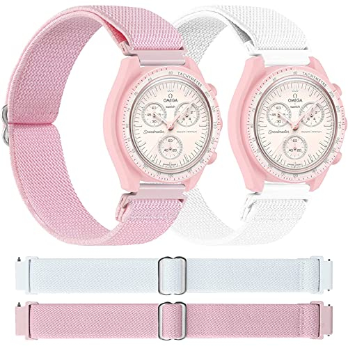 Miimall 2 Stück Nylonband Kompatibel mit Omega x Swatch Speedmaster Moonswatch Armband, Weiche Elastisches Stoff Moonswatch Strap Armbänder für Omega Swatch MoonSwatch Band -Weiß + Rosa